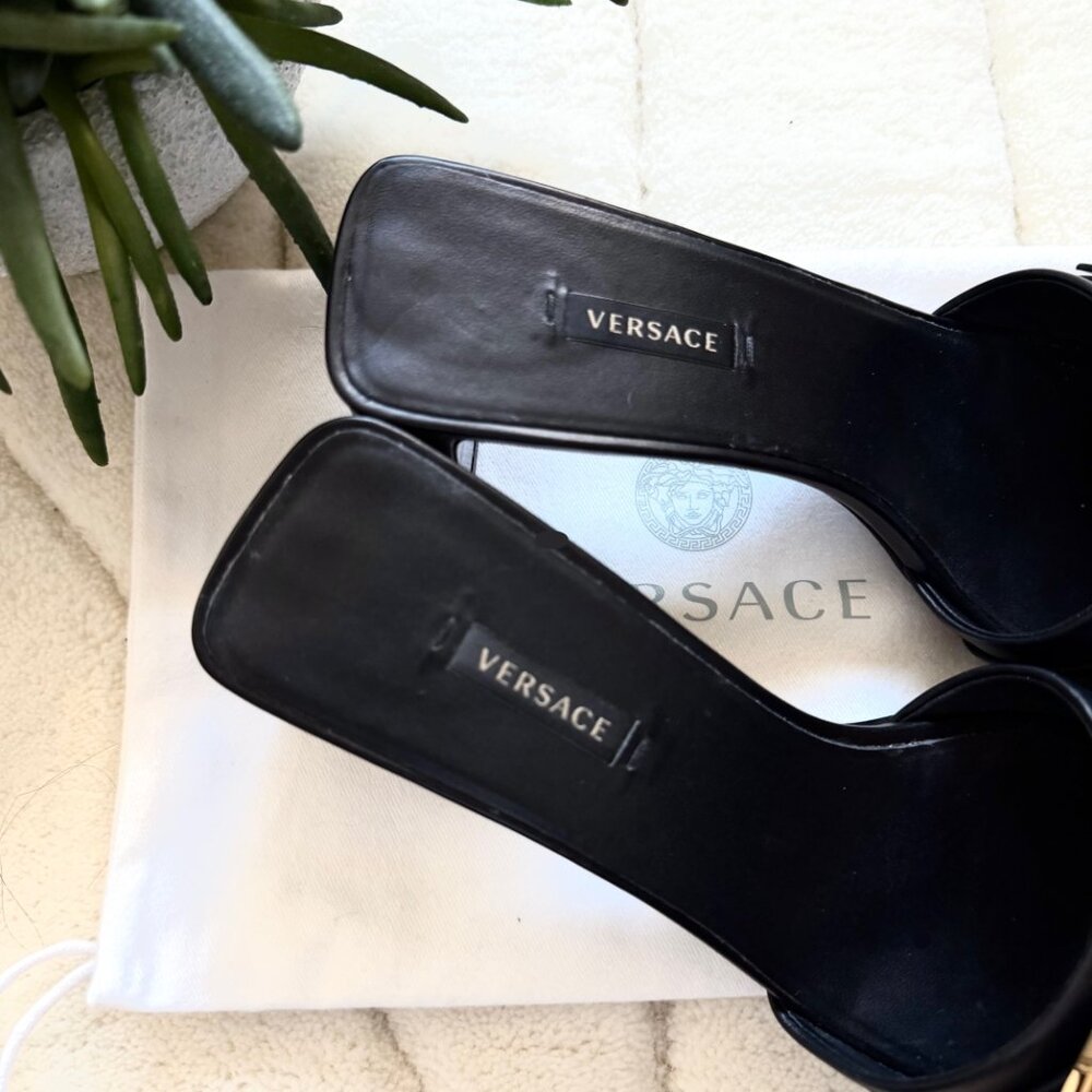 Versace Greta Gold Buckle Empire Heeled Sandals - Picture 9 of 12